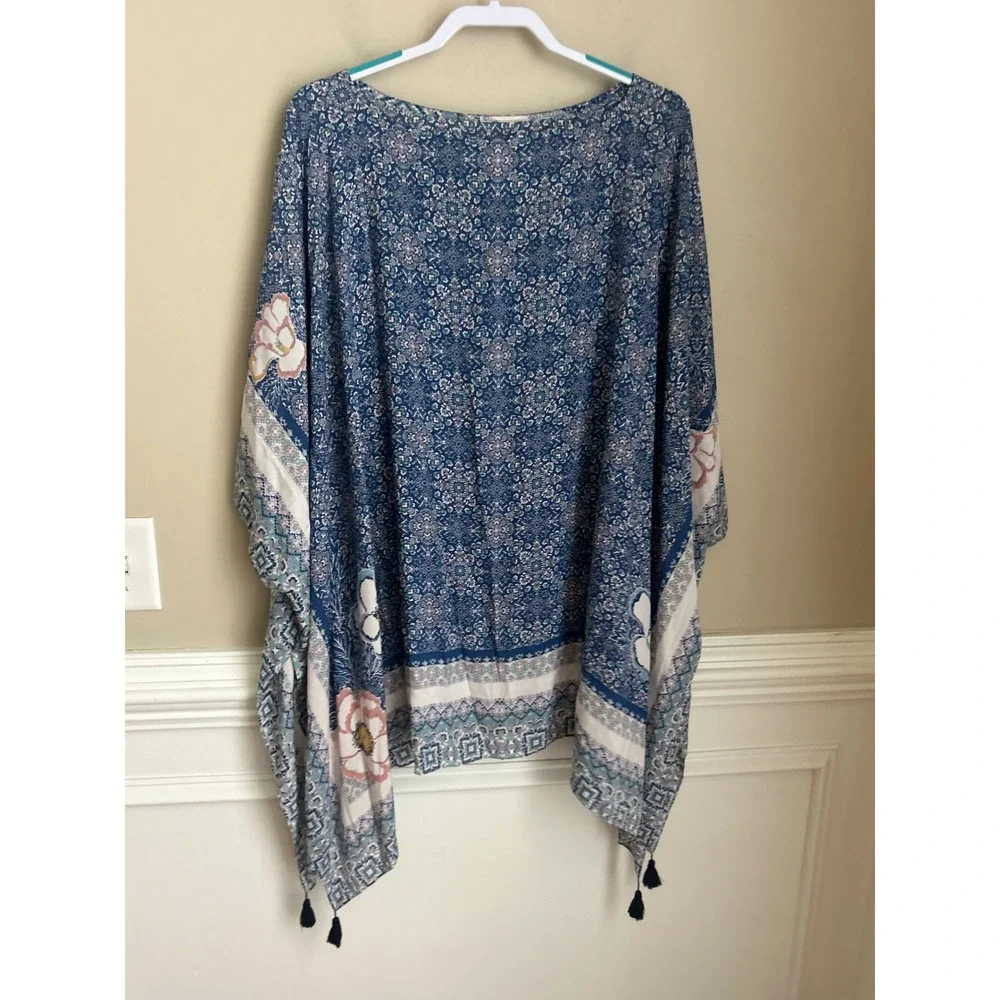 J.Jill Blue‎ Medallion Floral Tassel Poncho Topper XL-3X Resortwear Boho Travel